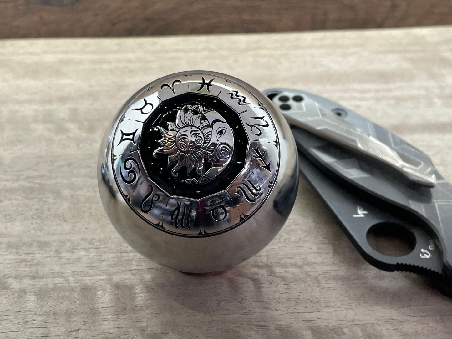 2.15" SUN & MOON deep engraved Solid Giga Titanium SPHERE +TurboGlow stand