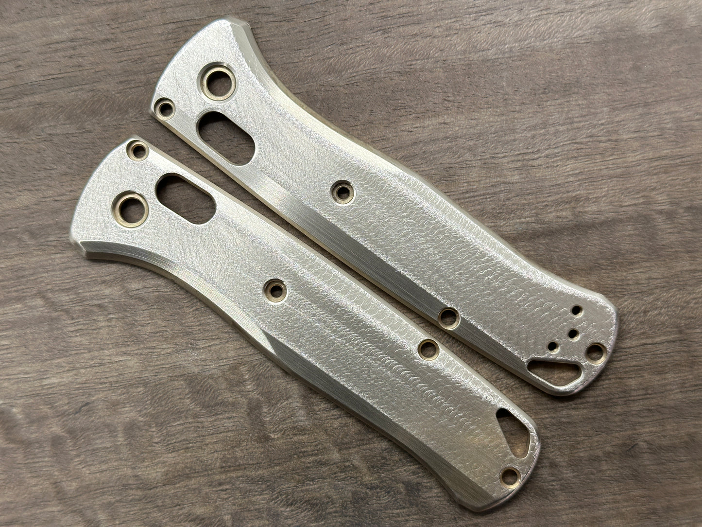 Proprietary Deep Brushed Brass Scales for Benchmade Bugout 535