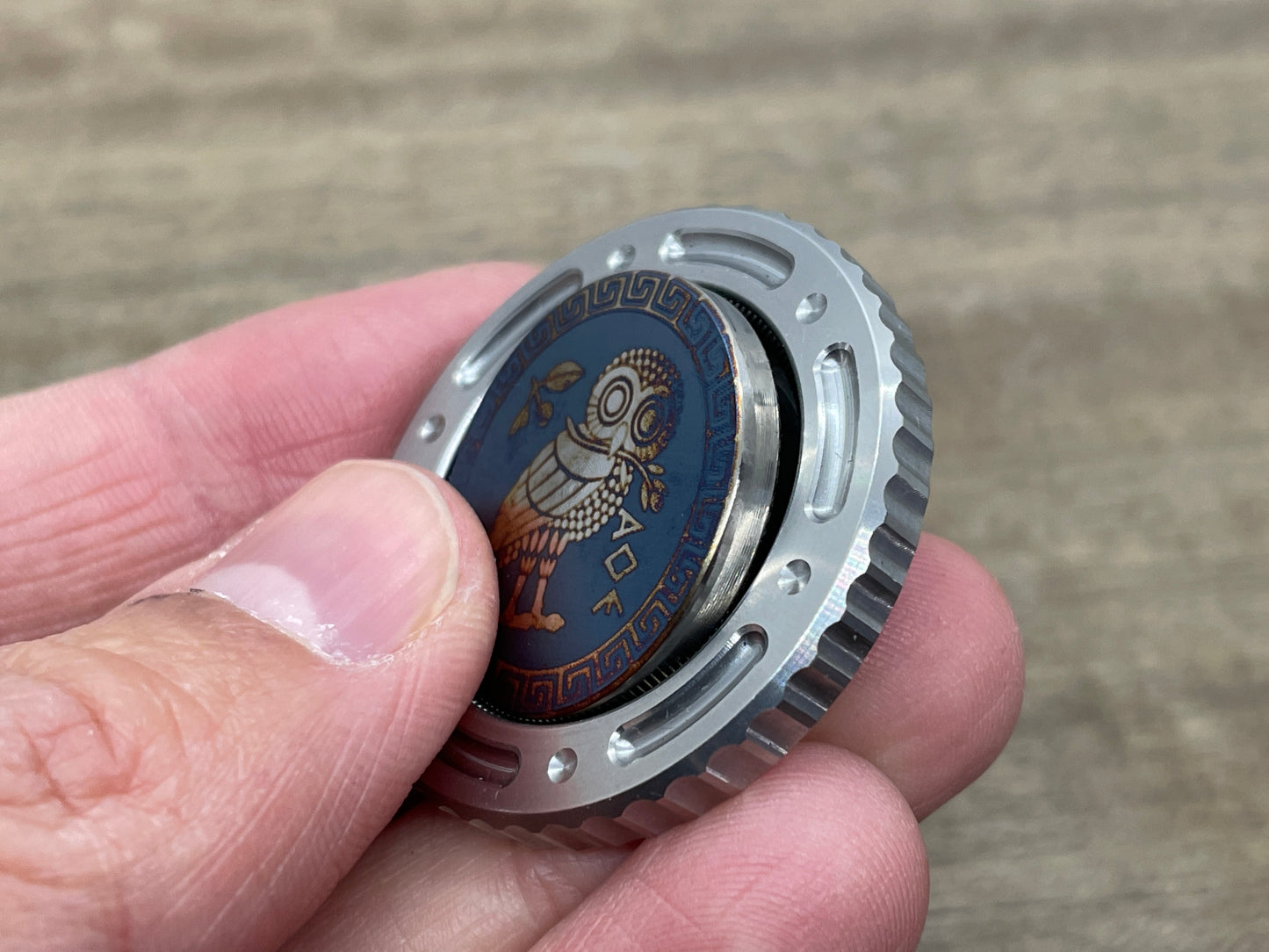 The OWL Flamed engraved Titanium Coin for Billetspin GAMBIT