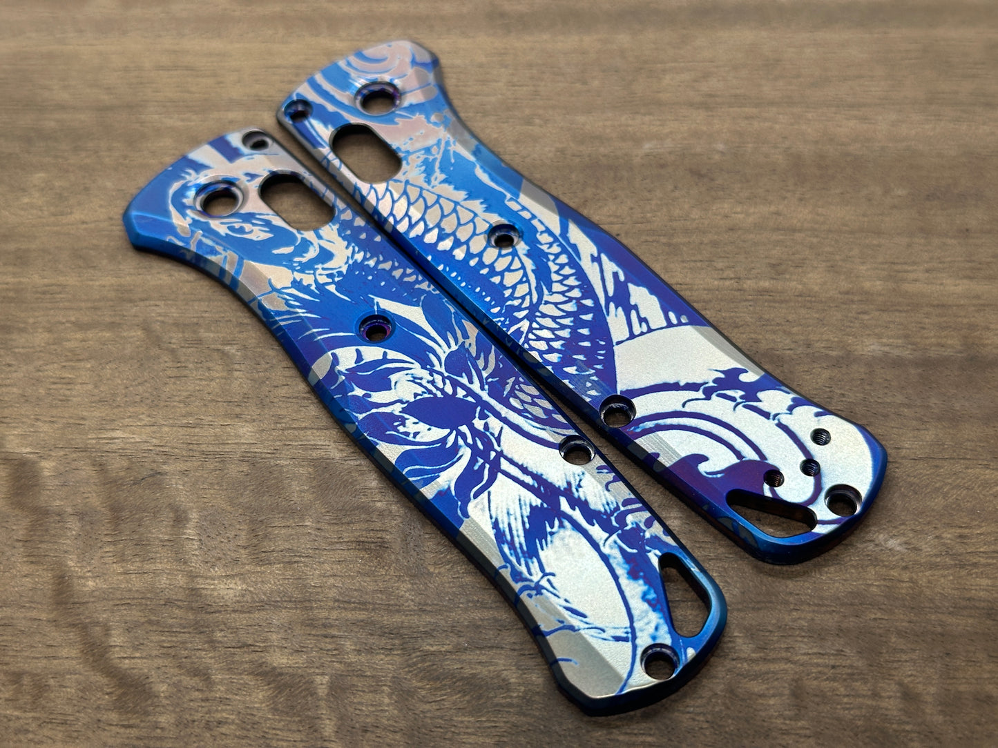 Blue KOI Fish Flamed heat ano engraved Titanium Scales for Benchmade Bugout 535