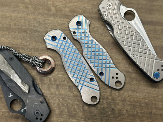 2-Tone BLUE ano Tumbled FRAG cnc milled Titanium scales for Spyderco Para 3
