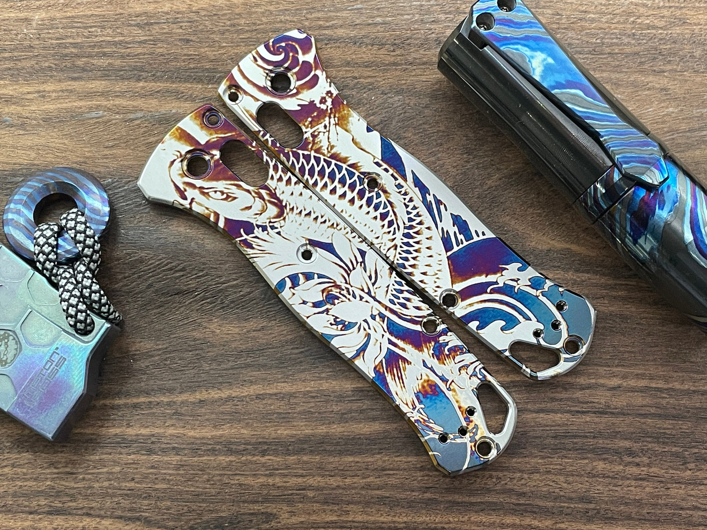 KOI Fish heat ano engraved Titanium Scales for Benchmade Bugout 535
