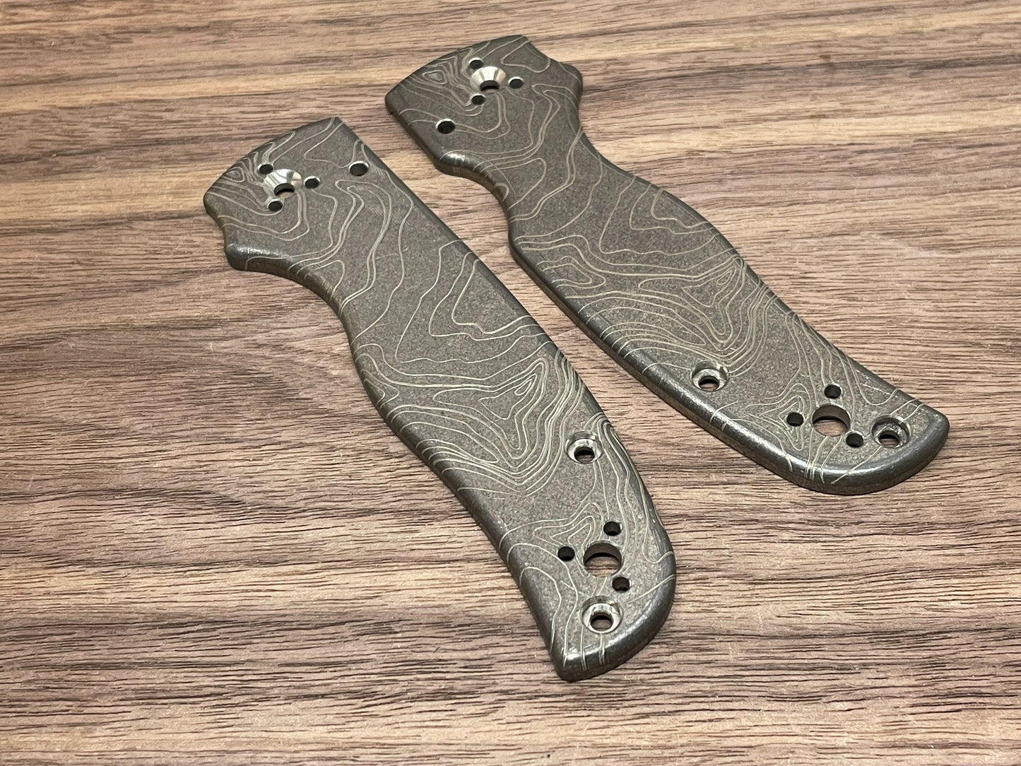 Battleworn TOPO engraved Titanium Scales for SHAMAN Spyderco