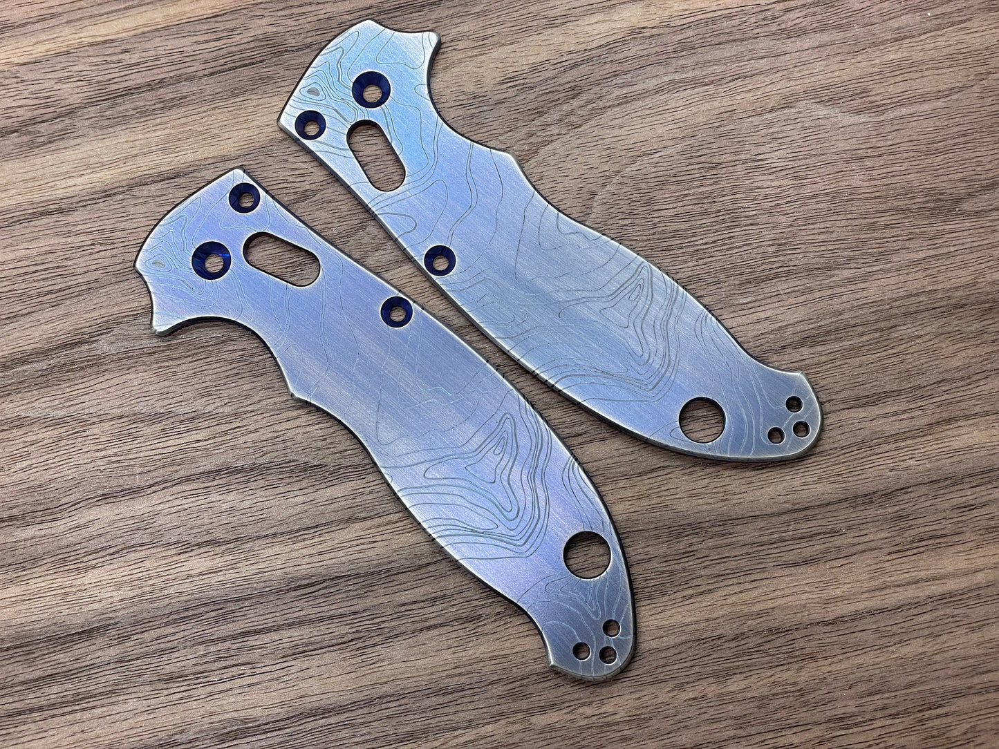 TOPO engraved Blue Ano Brushed Titanium scales for Spyderco MANIX 2