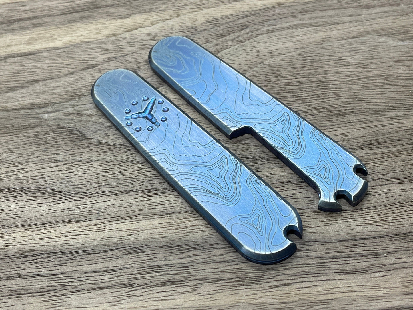 TOPO engraved Blue Ano Brushed 91mm Titanium Scales for Swiss Army SAK
