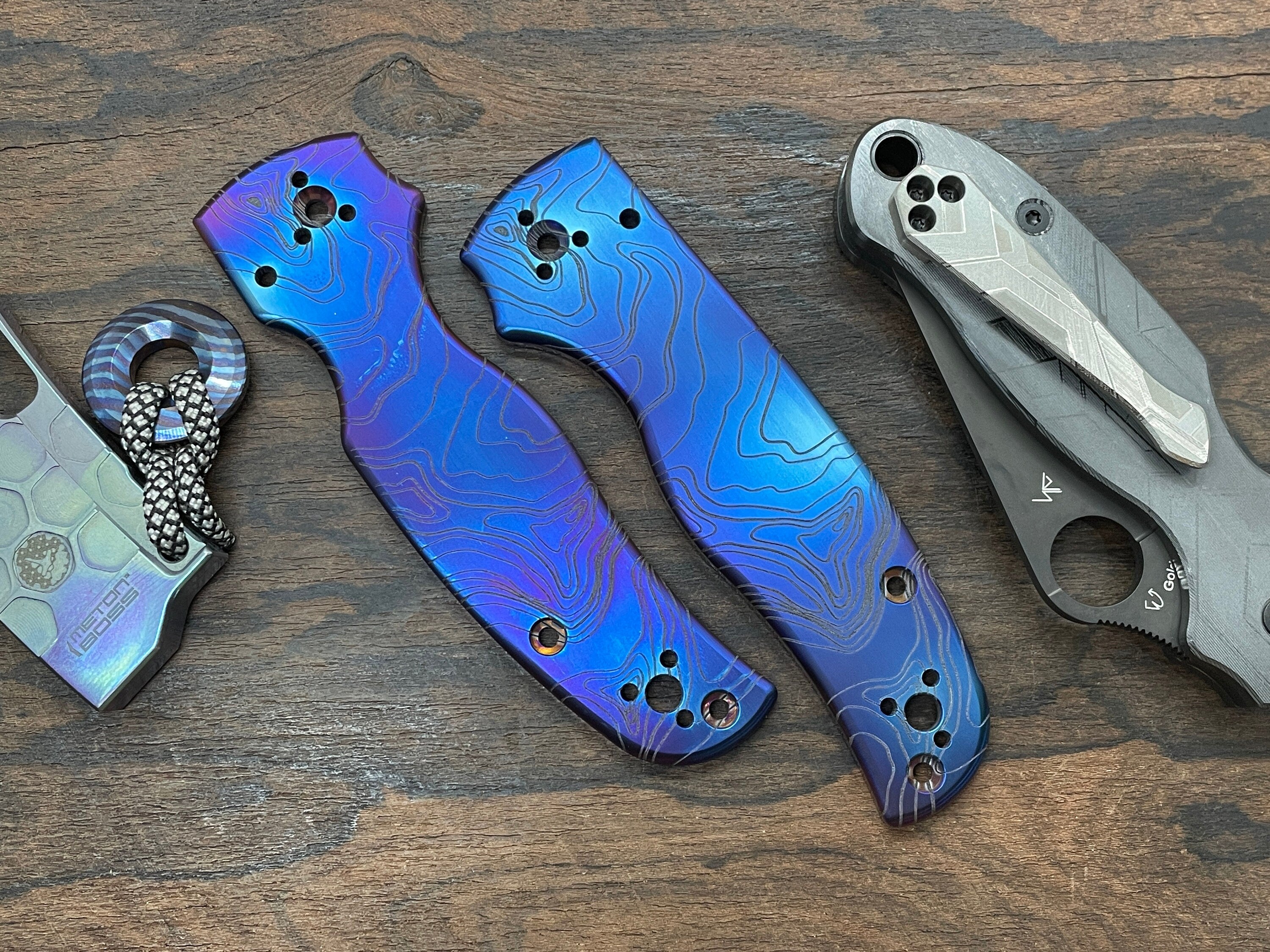 Flamed TOPO engraved Titanium Scales for SHAMAN Spyderco – Metonboss