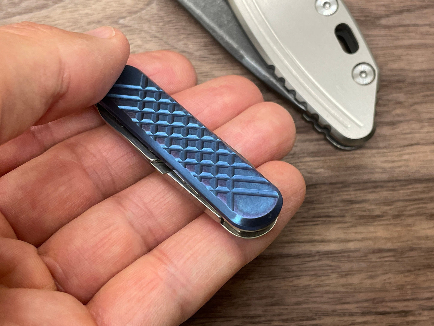 Blue anodized Deep Brushed FRAG milled 58mm Titanium Scales for Swiss Army SAK