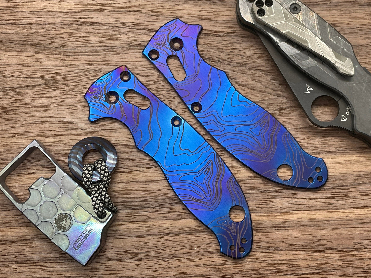 Flamed TOPO engraved Titanium scales for Spyderco MANIX 2