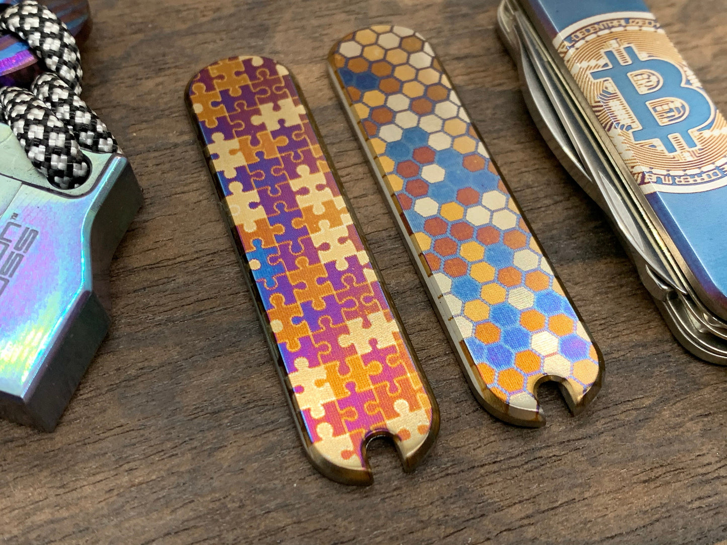 HONEYCOMB Heat ano engraved 58mm Titanium Scales for Swiss Army SAK