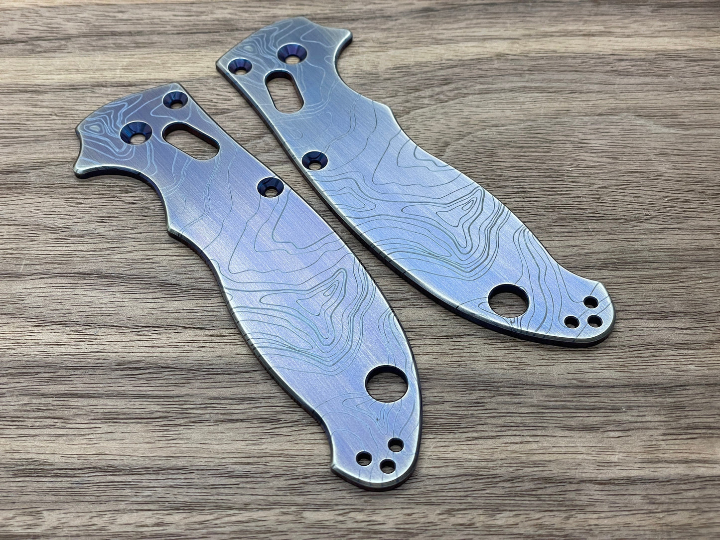TOPO engraved Blue Ano Brushed Titanium scales for Spyderco MANIX 2