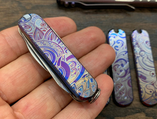 Flamed SUNRISE heat ano engraved 58mm Titanium Scales for Swiss Army SAK