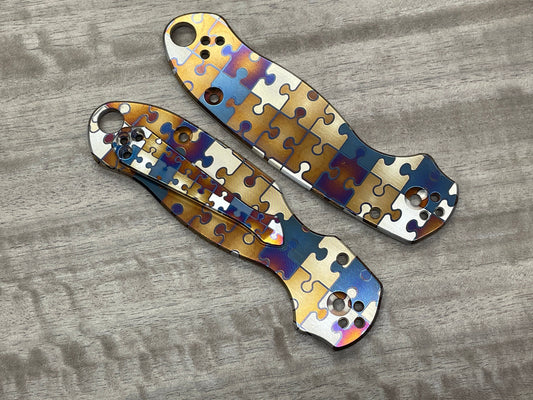 JIGSAW PUZZLES heat ano engraved Titanium Scales for Spyderco Para 3