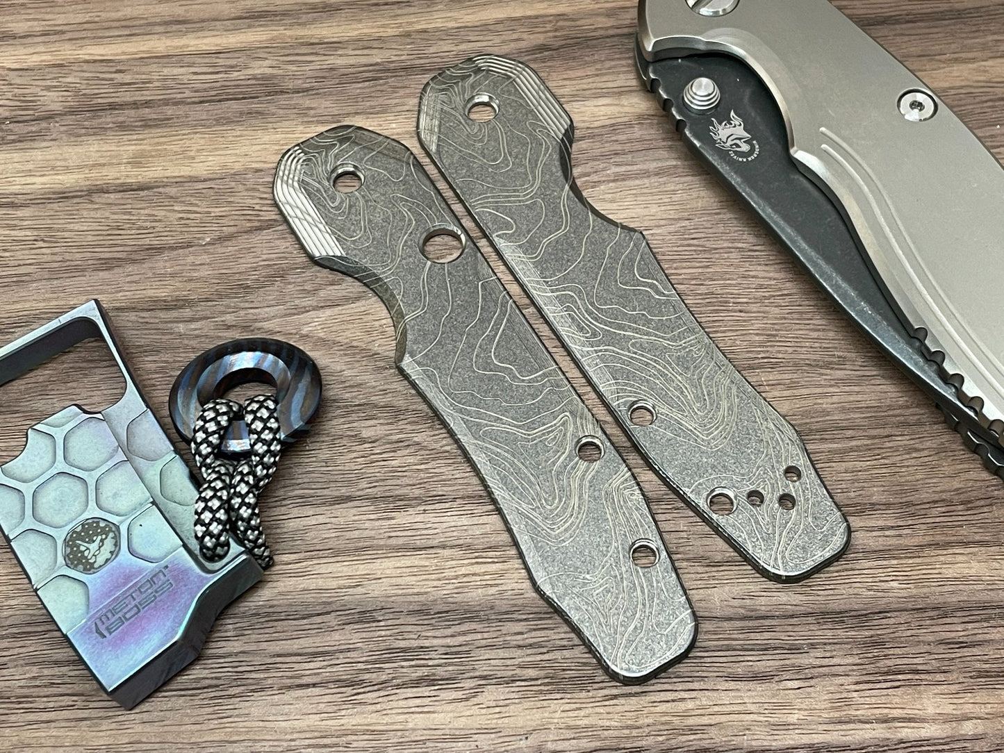 Battleworn TOPO engraved Titanium Scales for Spyderco SMOCK