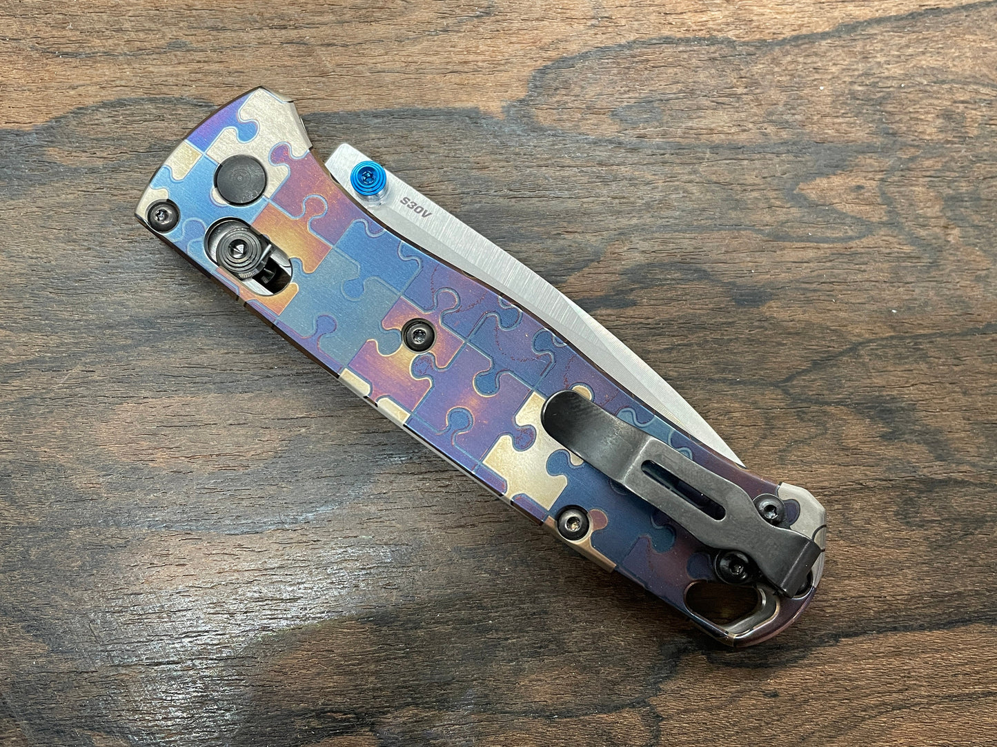 Blue JIGSAW PUZZLES heat ano engraved Titanium Scales for Benchmade Bugout 535