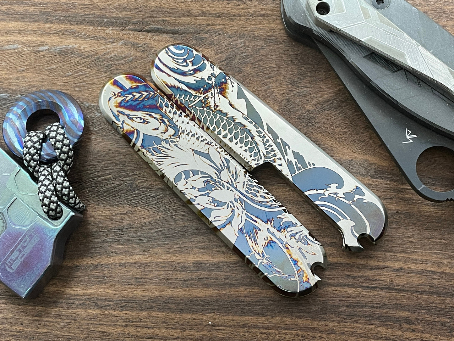 KOI Fish 91mm heat ano engraved Titanium Scales for Swiss Army SAK