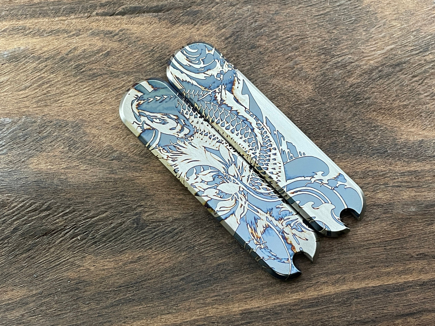 KOI Fish heat ano engraved 58mm Titanium Scales for Swiss Army SAK