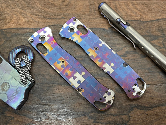 Blue JIGSAW PUZZLES heat ano engraved Titanium Scales for Benchmade Bugout 535