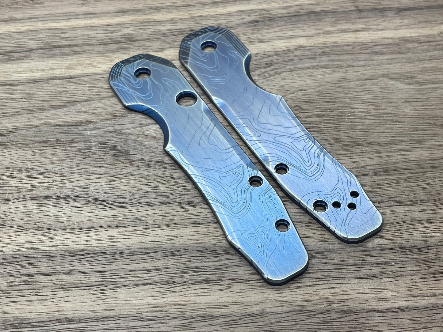 TOPO engraved Blue Ano Brushed Titanium Scales for Spyderco SMOCK