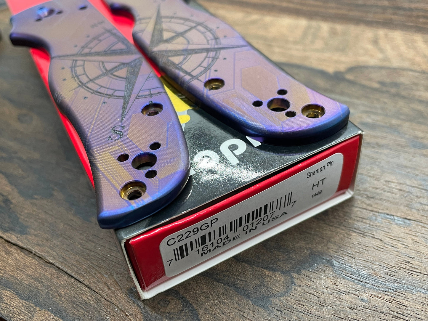 Flamed COMPASS engraved Titanium Scales for SHAMAN Spyderco
