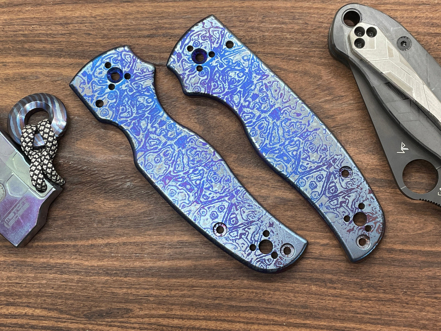 Blue Flamed ALIEN heat ano engraved Titanium Scales for SHAMAN Spyderco