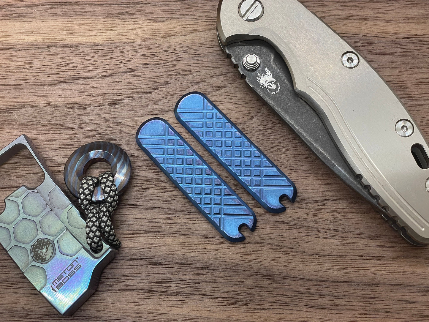 Blue anodized Deep Brushed FRAG milled 58mm Titanium Scales for Swiss Army SAK