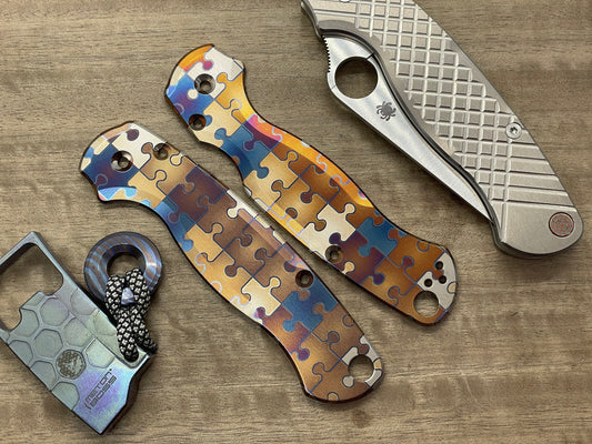 JIGSAW PUZZLES heat ano Engraved Titanium scales for Spyderco Paramilitary 2 PM2