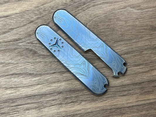 TOPO engraved Blue Ano Brushed 91mm Titanium Scales for Swiss Army SAK