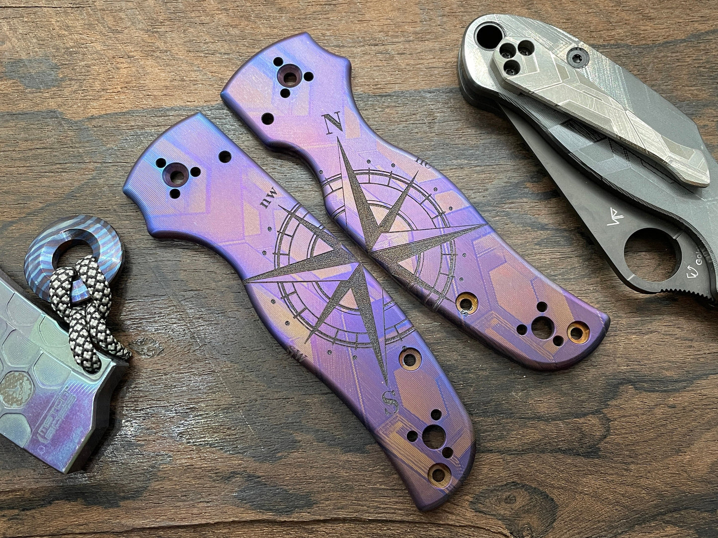 Flamed COMPASS engraved Titanium Scales for SHAMAN Spyderco
