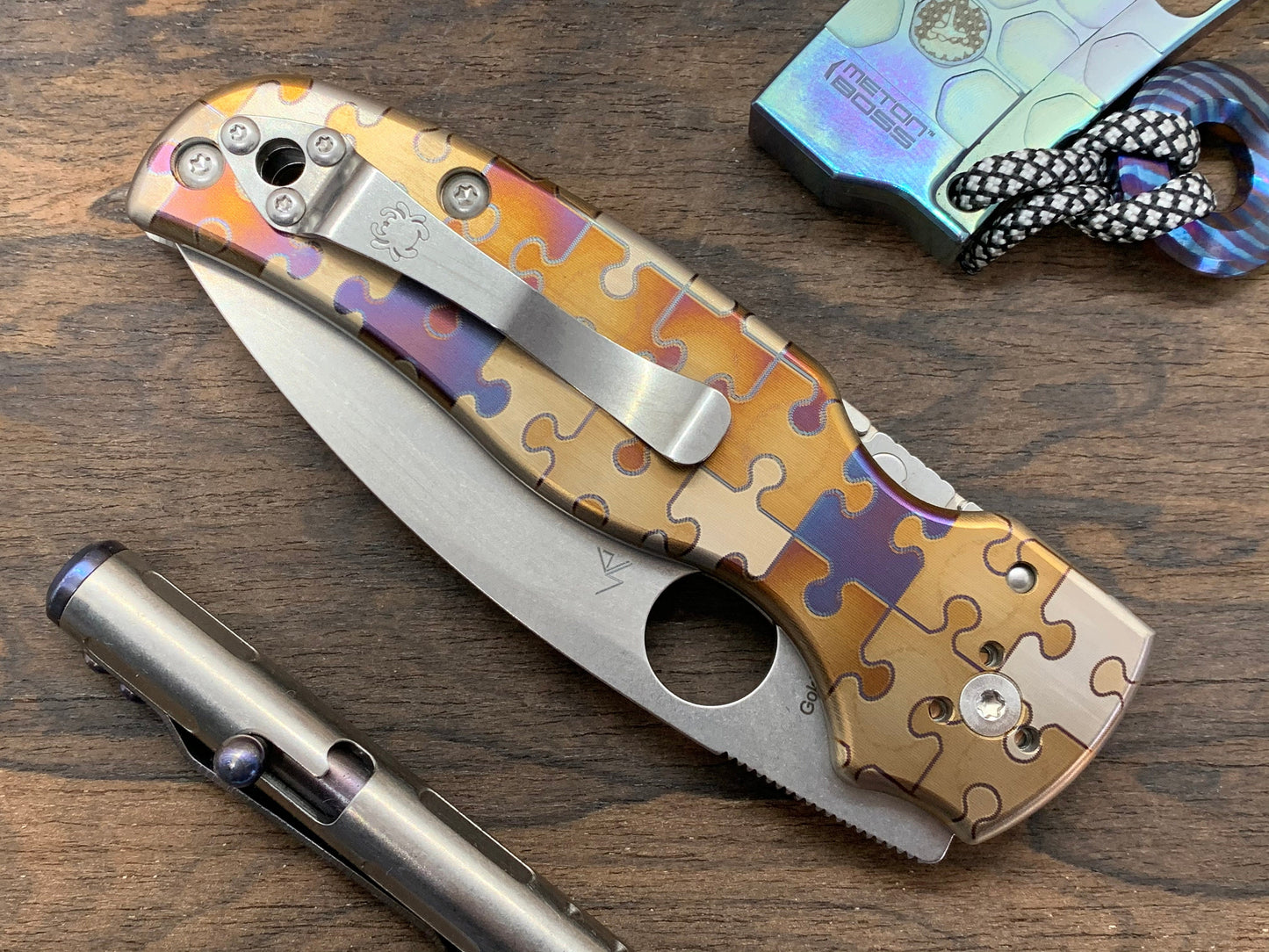 Jigsaw PUZZLES heat ano engraved Titanium Scales for SHAMAN Spyderco