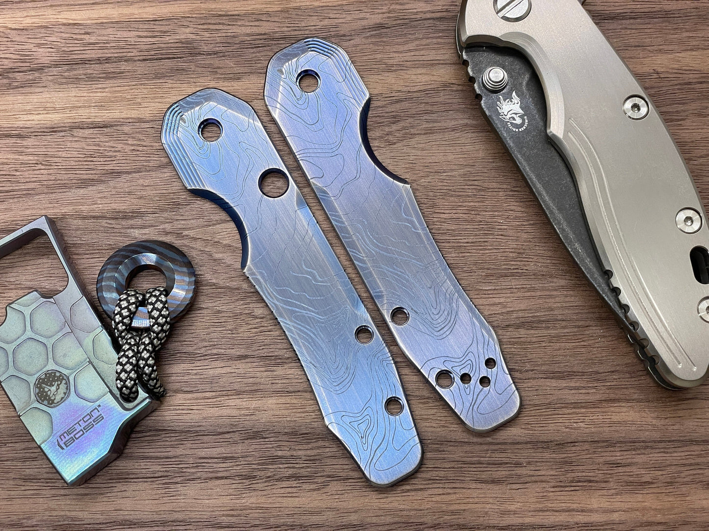 TOPO engraved Blue Ano Brushed Titanium Scales for Spyderco SMOCK