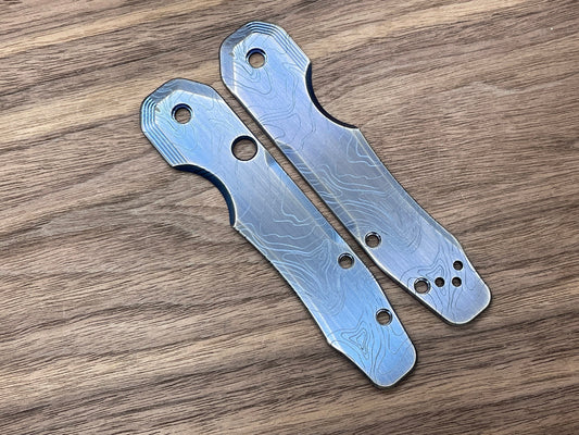 TOPO engraved Blue Ano Brushed Titanium Scales for Spyderco SMOCK